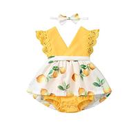 Baby Kids Girl's Outfits Sleeveless Lace Romper V Neck Lemon Print Bodysuit Dress+Bowknot Headbands 2PCS Clothes Set White Dress for Girls (Yellow, 0-6 Months)