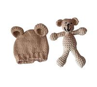 Baby Knitted Hat Newborn Photo Props Beige Knitting Wool | Two-ear Shape, Crochet Toy Bear Included, for 0-3 Months Old, Baby Photography and Commemorative Activities