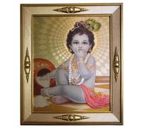 Baby Krishna Framed Photo Laddu Gopal Wall Frame Religious Hindu Decor Pooja Mandir Decoration Spiritual Gift Home Temple Frame Decorative Idol Art 19cm x 17cm Gold Finish Premium Quality