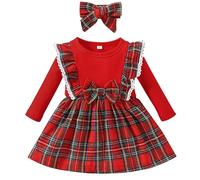 Baby Little Girls Christmas A-line Dress with Headband Red Green Plaid Pattern Toddler Kids Cute Bowknot Midi Dress Party New Year Thanksgiving
