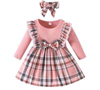 Baby Little Girls Christmas A-line Dress with Headband Red Green Plaid Pattern Toddler Kids Cute Bowknot Midi Dress Party New Year Thanksgiving