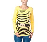 Baby Looking - Women's Maternity Funny Print Tee Striped T-Shirt Top - Longsleeve (Yellow, Large)
