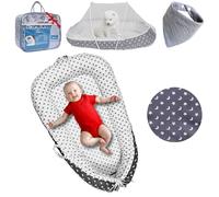 Baby Lounger for 0-24 Months Baby Girl and Baby Boy with Mosquito Net and Baby Bib, 100% Cotton, Breathable & Soft Baby Nest, Reversible Design, Portable Infant Lounger, Newborn Baby