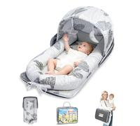 Baby Lounger with Canopy, Foldable Portable Infant Support Cushion for 0-12 Months Newborn, Soft Breathable Washable Baby Nest with Adorable Pattern, Perfect for Home Outdoor Supervised Awake Time