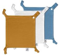 Baby Luxe 5-in-1 Mini Muslin Square, Bib, Toy Holder, Washcloth, Comforter - With Clip Attachment For Baby Bag, Pacifiers, Teething Toys and More (Set of 3: Medium Blue, Tan, White Cloth)