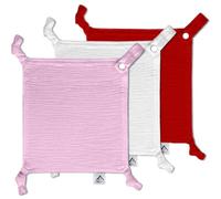 Baby Luxe 5-in-1 Mini Muslin Square, Bib, Toy Holder, Washcloth, Comforter - With Clip Attachment For Baby Bag, Pacifiers, Teething Toys and More (Set of 3: Baby Pink, Burgundy, White Cloth)