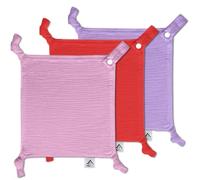 Baby Luxe 5-in-1 Mini Muslin Square, Bib, Toy Holder, Washcloth, Comforter - With Clip Attachment For Baby Bag, Pacifiers, Teething Toys and More (Set of 3: Medium Pink, Red, Purple Cloth)