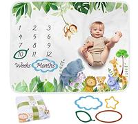 Baby Milestone Blanket | Monthly Photo Mat for Newborn Boy or Girl, Unisex | Safari Theme | Personalised Baby Shower Present for New Mums | Age Mat | Soft & Comfortable | Includes Coloured Frames