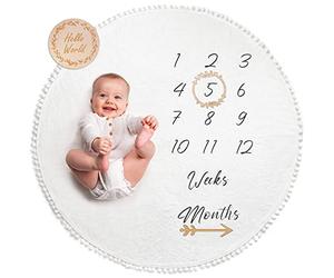 Baby Milestone Blanket | Round Monthly Photo Mat for Boy or Girl, Unisex | Gender Neutral | Personalised Baby Shower Present for New Mums | Age Mat | Newborn Milestone Blanket | Includes Wooden Frames