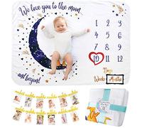 Baby Milestone Blanket With Birthday Banner | Monthly Photo Mat for Boy or Girl, Unisex | Age Mat | Personalised Baby Shower Present for New Mums | Moon & Stars Theme | Includes Year Banner