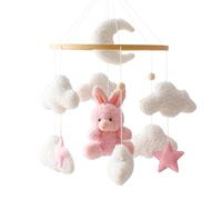 Baby Mobile for Cot, Soft Bunny Nursery Decoration with Felt Stars, Fluffy Clouds and Crescent Moon, Wooden Hanging Wind Chime Cot Mobile, Baby Girl Shower & Newborn Gift (Pink)