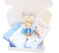 Baby Moi BMg52sb New Baby Boy Gift Box 5 Piece Newborn Gift Peter Rabbit Set Baby Booties, Toy, 2 Muslins Baby Book Baby Shower Present Mum to Be Gift (Boy)