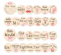 Baby Monthly Milestone Wooden Circles - 13Pcs Double Sided Print with Bowtie Pattern & Hello World (1-12 Months) Signs, Newborn Photography Prop, Birth Announcement Board, New Parents Gift