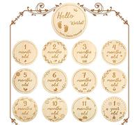Baby Monthly Wooden Cards, 26 design 13 Pieces Newborn Milestone Baby Gift Sets Monthly Milestone Cards Baby First Year Growth Photo Picture Commemoration Props, Double Sided