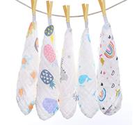 Baby Muslin Washcloths, Muslin Squares Organic 100% Cotton Natural Baby Face Towels, 5 Pack Reusable Extra Soft Newborn Baby Wipes, 6 Layers Bath Shower Wash Cloths with Printed Design, 10x 10 Inches