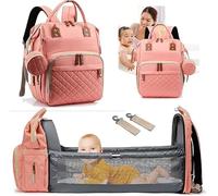 Baby Nappy Backpack,Mummy Shoulder Bag for Travel Shopping Camping with Bed Unisex for Boys & Girls With Foldable Sleeping/Changing Compartment Complete With USB Charging (PINK)