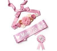 Baby Noah Shower Maternity Sash Belly Belt, Mom to Be & Dad to Be Button Pin, Pregnancy Maternity Flower Sash Belt for Gender Reveal, Pink