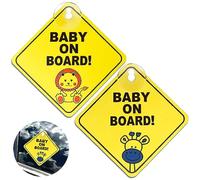 Baby on Board Car Warning, 2 Pcs Baby on Board Sticker Sign for Car with Suction Cups, Highly Visible Warning Sign for Window, Yellow Cute Lion Giraffe Pattern, PP Material