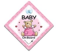 Baby On Board Sign Pink Bear, Baby On Board Sign, Grandchild On Board Car Window Sign, High Visibility Advisory Car Sign Designed to Let Other Road Users a Child is in The Car, 14 cm x 14cm x 2cm