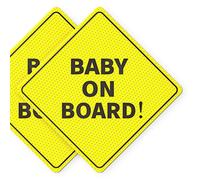 Baby On Board Signs, Car Essentials - Baby On Board Sticker - 2 Pack, 5" by 5" - Bright Yellow and See-Through When Reversing - Best Safety Signs - Non Magnet - Durable Strong Adhesive