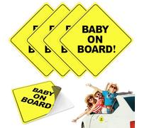 Baby On Board Signs for Car, 4 Pack - Baby On Board Sticker, Car Essentials, Best Kids Safety Signs, 5" By 5" - Bright Yellow and See-Through When Reversing - Non Magnet - Durable Strong Adhesive