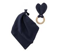 Baby Organic Comforter and Bunny Ears Teether Set, Muslin and Wood Teether and Baby Blanket, 100% Organic Cotton Muslin Wooden Ring Teether (Blue)