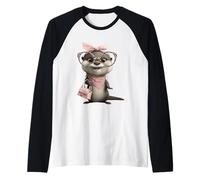 Baby Otter Kawaii Character Pink Leopard Glasses Portrait Raglan Baseball Tee