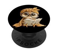 Baby Owl Open Book Reading Bird Graphic Portrait Round Bow PopSockets Adhesive PopGrip