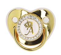 Baby Pacifier Infant Portable Golden Crown Letter A Rhinestone with Chain Clip