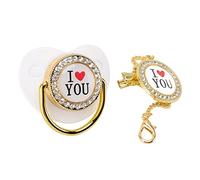 Baby Pacifier, Silicone Infant Nipple for Newborn I Love You Pattern Bling Pacifier Clip Set Infant Dummy Pacifier with Chain Clip Baby Soother Nipple for Boy Girl (White M)