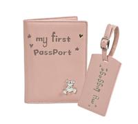 Baby Passport Cover with Travel Luggage Tag, My First Passport Holder With Bear for Girls Boys, Cute Pink Kids Airplane Travle Essentials Accessories Trip Favor Gifts