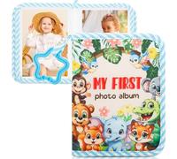 Baby Photo Album, Soft Cloth Infant Photo Book Holds 17 6inch Photos,Lion Toddler Memory Book with Safety Mirror,My First Year Photos Album for Family Newborns Toddlers Baby Shower (Blue)