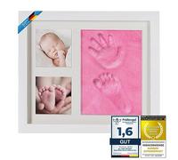 Baby Photo Frame Imprint/Ink Set - Photo frame for hand print, foot print & photos; gift set for birth, christening, baby part etc. 3-piece white (Plaster Pink)