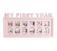 Baby Photo Frame, MY FIRST YEAR Birthday Resin Infant Baby Picture Frame New Born Shower Multi Aperture Collage Photo Picture Frame with 12 Opening Standing Hanging Photograph Frame Baby Keepsake