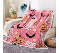 Baby Pink Halloween Throw Blanket, Cute Ghost Yellow Flowers Pumpkin Black Bat Boo Flannel Lightweight Blankets, Funny Cartoon Spooky Halloween Cozy Soft Throw for Couch Bed Sofa Living Room 60X90IN