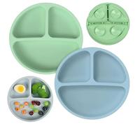 Baby Plates with Suction - 2 Pack Silicone Divided Plates for Toddler Kids Self Feeding - Non Slip, Suitable for High Chairs Tray and Tables - Portable (Blue+Green)