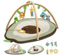 Baby Play Gym Mat & Activity Mat, Baby Tummy Time Mat, Large Avocado Shaped Playmat with 6 Detachable Toys for Motor Skills & Sensory Development, Washable Infant Baby Essentials, Olive Green