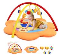 Baby Play Mat, 95x95cm Baby Play Gym Mat with Music Baby Safe Mirror, Baby Tummy Time Play Matt with 5 Detachable Sensory Toys, Foldable Detachable Baby Mats for Floor Play, for 0-18 Months Newborns
