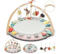 Baby Play Mat, Wooden Baby Play Gym with 6 Development Zones, Foldable Mats for Floor Play, Playmats & Floor Gyms with 7 Detachable Sensory Toys, Essentials Activity Mat