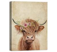 Baby Plum Highland Cow Canvas Wall Decor Funny Cow with Pink Flowers Wall Art Print Retro Animal Framed Artwork for Living Room Bedroom children's room Home Decoration Ready to Hang 12x16 Inch