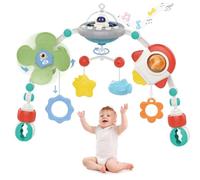 Baby Pram Bow Toy, Adjustable Car Seat Toy with Musical and Projector, Montessori Sensory Rotating Space Rocket Crib Bassinet Travel Toy for Toddlers