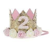 Baby Princess Tiara Crown, Baby Girls Kids First Birthday Hat Headband Sparkle-Gold Flower with Artificial Rose Flower Pink 2nd Birthday Crown