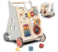 Baby Push Walker with Detachable Busy Board, Wooden Baby Walker with Adjustable Speed Wheels, Montessori Push Walker for Babies, Push Walking Toys for Boys & Girls 1 Year Old, Gifts for Toddler