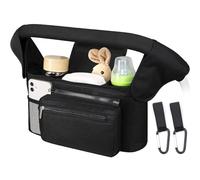 Baby Pushchair Organiser,Baby Pram Bag Stroller,2 Insulated Cup Holder, Large Capacity, Detachable Zippered Pocket, Adjustable Shoulder Strap & Non-Slip Hooks - Fits Any Pram Handlebar (Black)