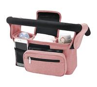 Baby Pushchair Organiser with 2 Insulated Cup Holder, Detachable Zippered Pocket, Adjustable Shoulder Strap, Large Capacity Pram Organiser for Baby Essentials, Fits Any Pram Handlebar (Pink)