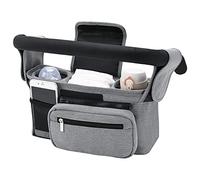 Baby Pushchair Organiser with 2 Insulated Cup Holder, Detachable Zippered Pocket, Adjustable Shoulder Strap, Large Capacity Pram Organiser for Baby Essentials, Fits Any Pram Handlebar (Grey)