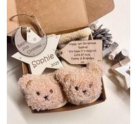 Baby’s First Box with Tree Bauble & Teddy socks - Personalised Keepsake, 2025 Bauble,baby Xmas Stocking Gift & Family Ornament | Indies Wooden Treasure