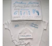 Baby’s Personalised Birth Keepsake Bundle Hat, Vest, Baby Grow, Blanket (0-3 Months)