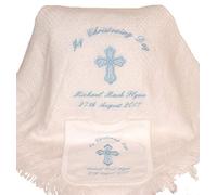 Baby’s Personalised Christening/Baptism/Naming Day Guardian Cross Shawl & Bib Set (Blue)