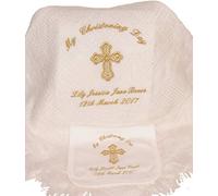 Baby’s Personalised Christening/Baptism/Naming Day Guardian Cross Shawl & Bib Set (Gold)